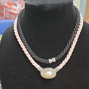 Elegant Black and Pink Twisted Necklace with Pearl Pendant